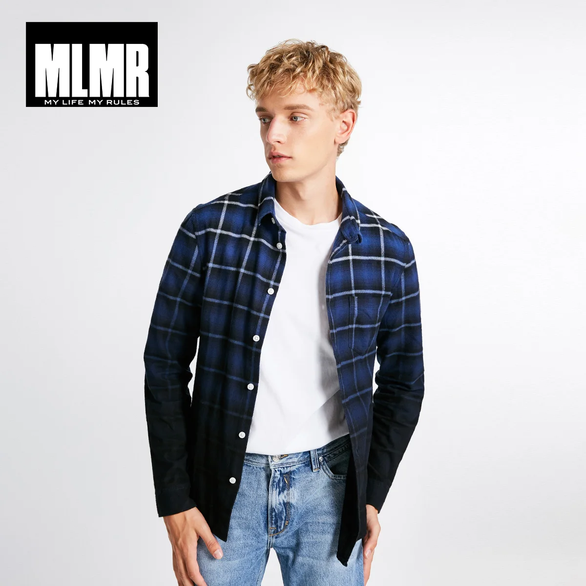 MLMR Мужская мода хлопок прямой градиент плед стиральная рубашка с длинными рукавами | 218305568 - Цвет: PITCH BLACK