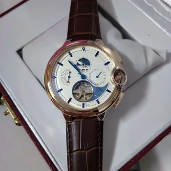 

Rose Gold white dial Skeleton luxury men Automatic self-wind watch Glass open back 44mm 1:1 leather strap AAA quality