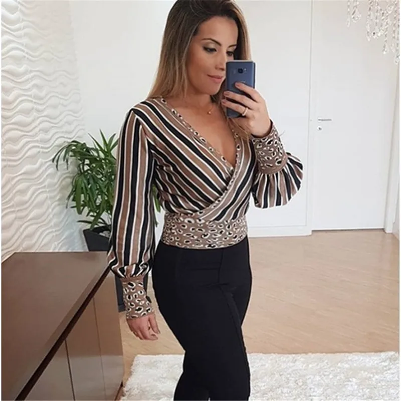 Женская шифоновая блузка в полоску с длинным рукавом и V образным вырезом|Блузки|