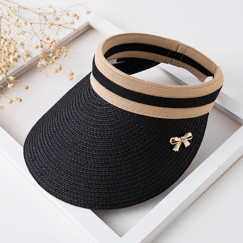 black bow tie Модная женская соломенная шляпа женская летняя Солнцезащитная шляпа Панама Boater Floppy Кепка с покрывалом женская летняя пляжная соломенная шляпа подарок - Цвет: black bow tie