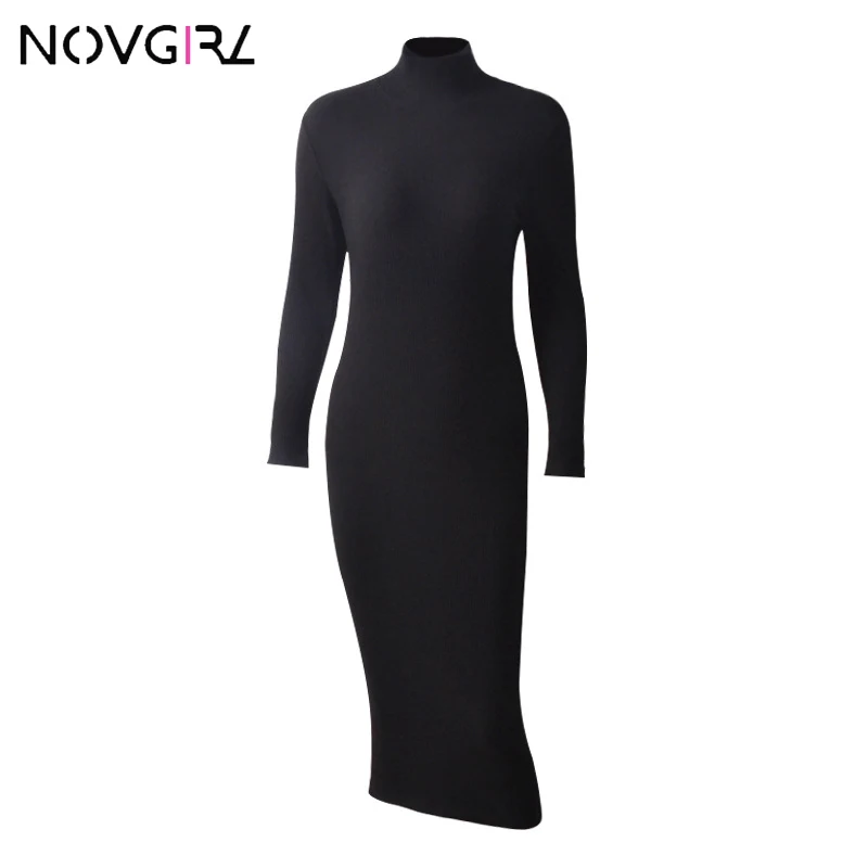 Novgirl/облегающее платье в рубчик с высоким воротом; ropa mujer; зимнее платье-свитер с длинными рукавами; женские вечерние белые платья Sukienki Vestidos - Цвет: Черный