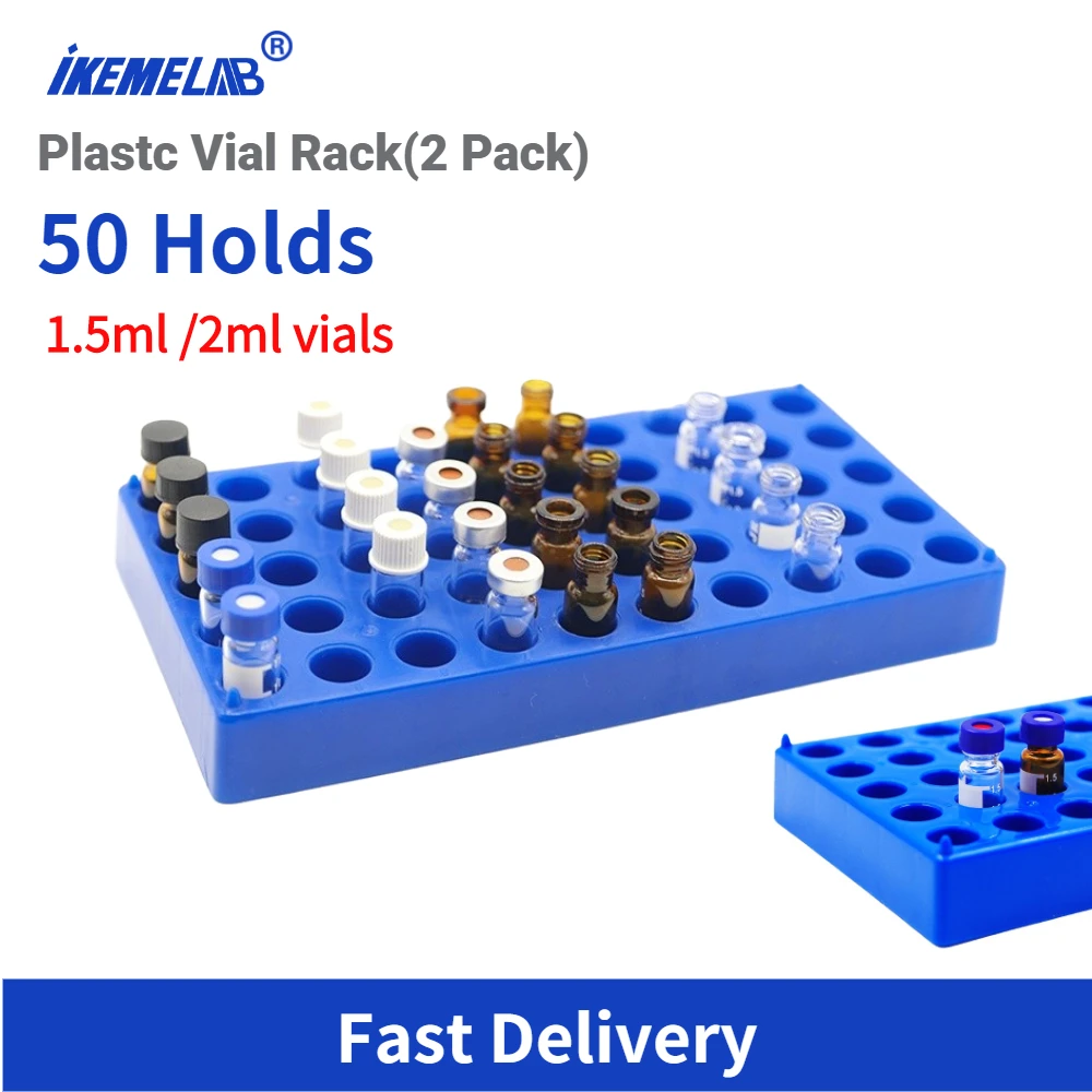 IKEME 2PCS Plastc Vial Rack 50 Holds Diameter Suitable For 12mm 1.5/2ml Vials Centrifuge Tube Racks Stackable Lab Supplies