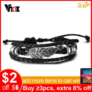

Vnox Vintage Leather Bracelet Bangle Feather Charms Trendy Jewelry Adjustable Length