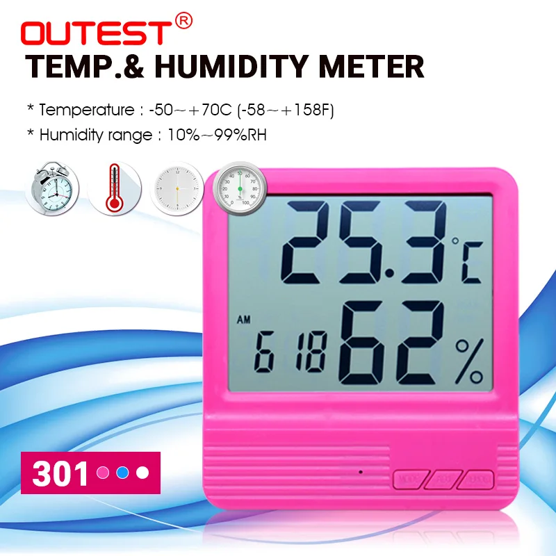 

OUTEST 4 in 1 digital humidity thermometer hygrometer, digital wall humidity temperature meter Alarm clock large LCD 301