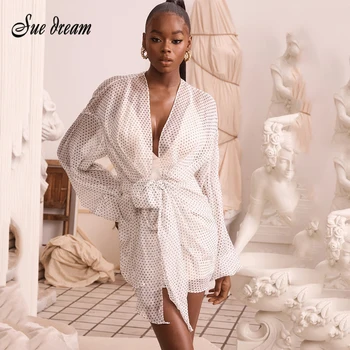 

2020 New Summer Women'S White Lantern Sleeve V-Neck Dot Two-Piece Set Mini Dress Sexy Bodycon Chic Celebrity Club Party Dress