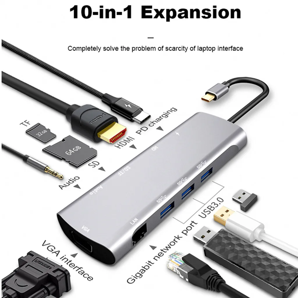 Лучшие продажи продукты 10-в-1 Тип C на HDMI многофункциональная док-станция для usb-хаб Быстрая зарядка PD могут поставляться напрямую