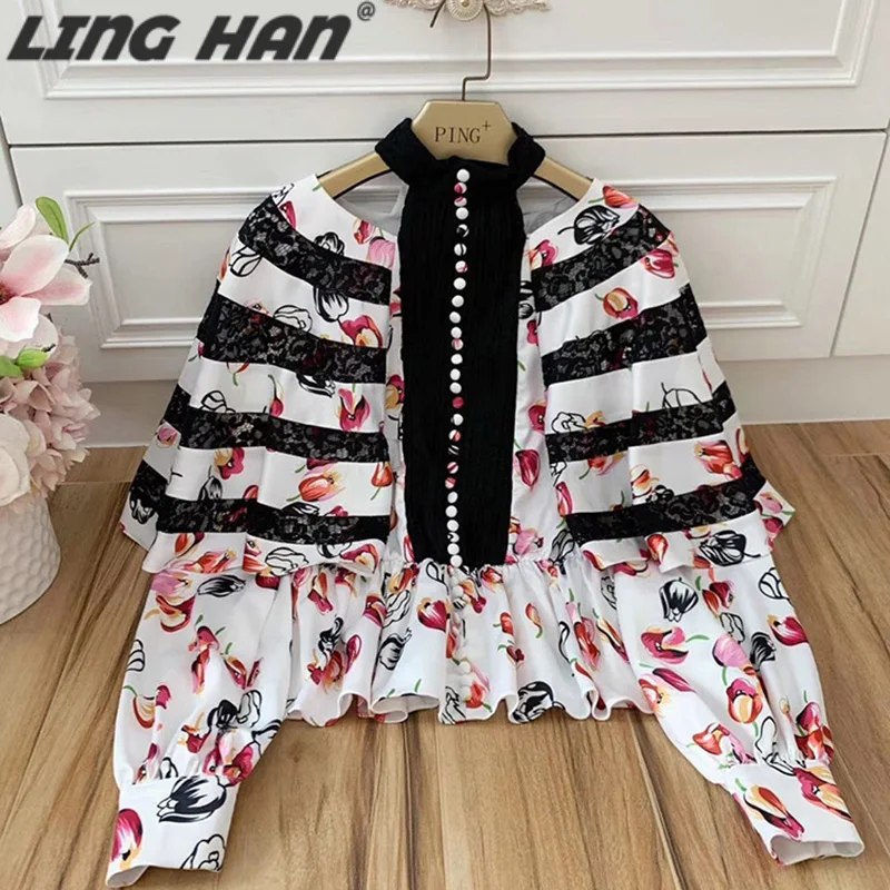 

LING HAN England Style Black Lace Patchwork Flower Print Shirt Women Holiday Party Lantern Sleeve Tops