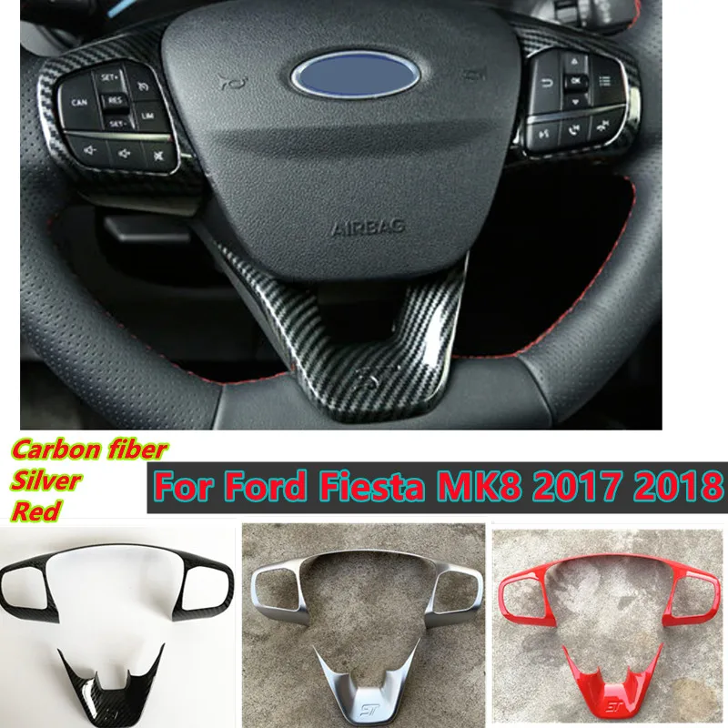 

Carbon Fiber / Silver/ Red ABS Car Steering Wheel Trim Control Button Frame Cover Decor For Ford Fiesta ST MK8 2017 2018 2019