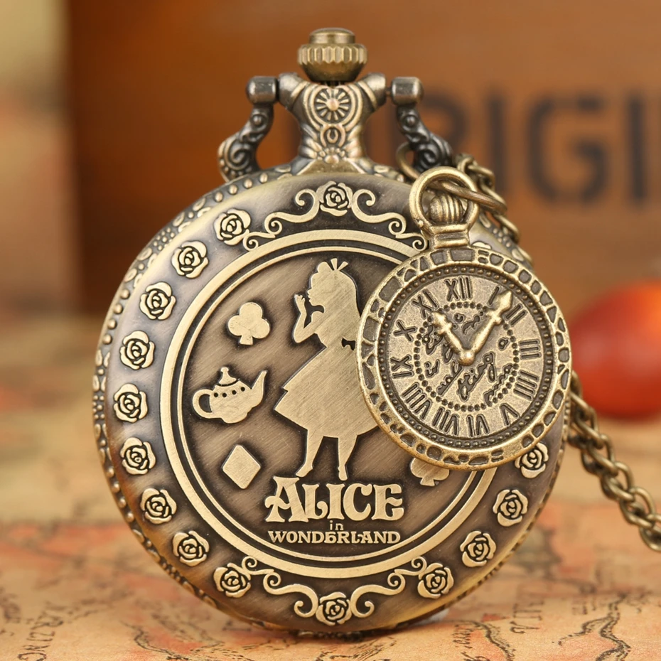 Retro Bronze Dream Alice in Wonderland Rabbit Poker Carousel Accessory Quartz Pocket Watch Chain Necklace Pendant for Girl Women
