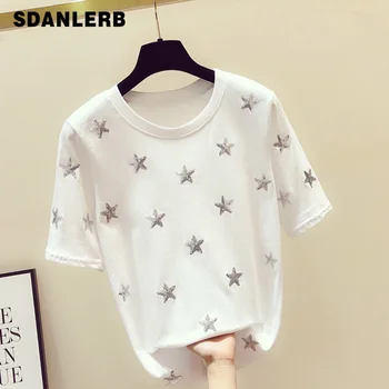 

Five-Pointed Star Sequin T-shirt Women's 2020 Spring and Summer New Loose Short-Sleeve Cotton Tshirt Top Ladies T-shirt White