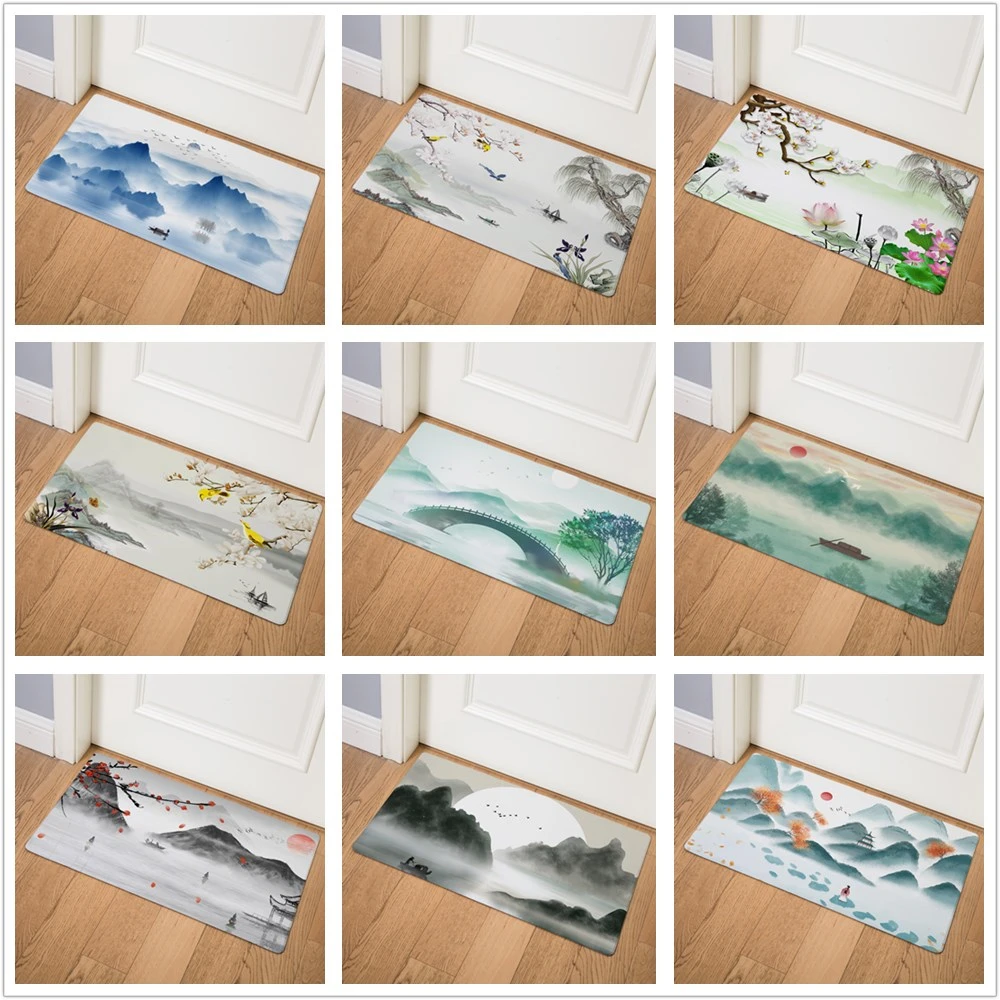 Chinese Landscape Painting Home Doormat Front Door Mat Kitchen Mats Indoor Non-slip Bath Mat Birds and Flower Welcome Floor Mats