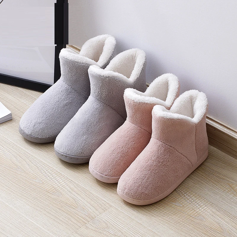 

Lovers Cotton Slippers Women High-Top Warmth And Velvet Thick-Soled Indoor Shoes Couples Plush Men Slippers Cotton Shoe