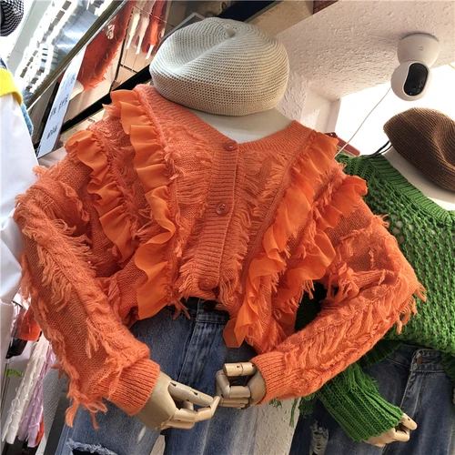 orange Neploe Осень зимний свитер пальто марлевые оборки кисточка пэчворк вязаный кардиган свитер Корейская Свободная трикотажная куртка Femme 54681 - Цвет: orange