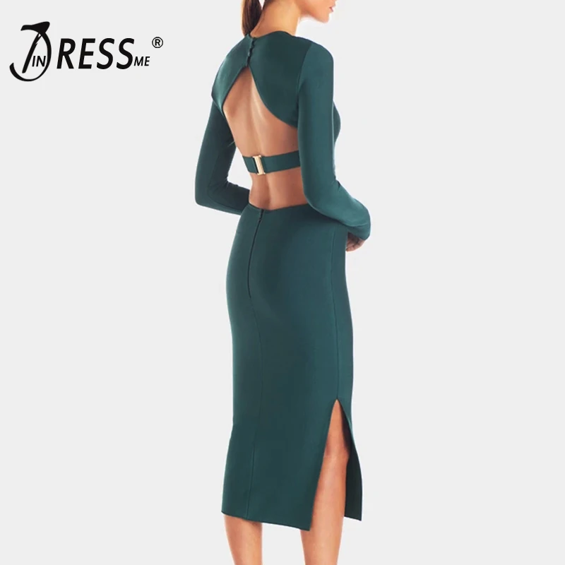 INDRESSME, новинка, модные женские вечерние платья, сексуальные, с круглым вырезом, с длинным рукавом, с вырезом сзади, облегающее, с открытой спиной, с разрезом, миди платье