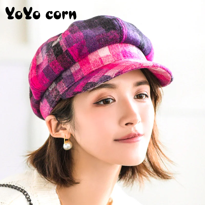 YOYOCORN, клетчатый берет, женская осенняя и зимняя Корейская версия, дикая восьмиугольная шапка, художественная шапка для художника, женская шапка