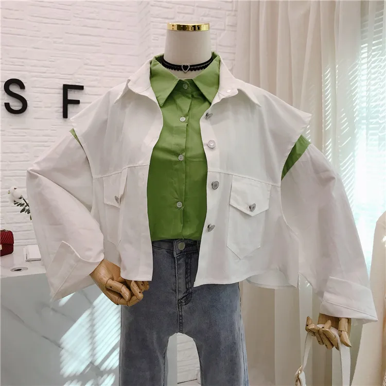 

New Autumn Women's Long Sleeved Loose White Shirt + Short Vest Jacket Two Pieces Students Blouse Set Oversize Coats