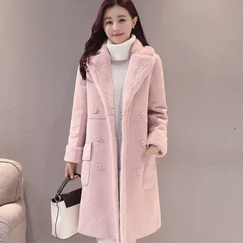 

Women Suede Fur Coat Thick Warm Faux Sheepskin Long Jacket Female Overcoat 2019 Winter Fashion parka Solid Coats
