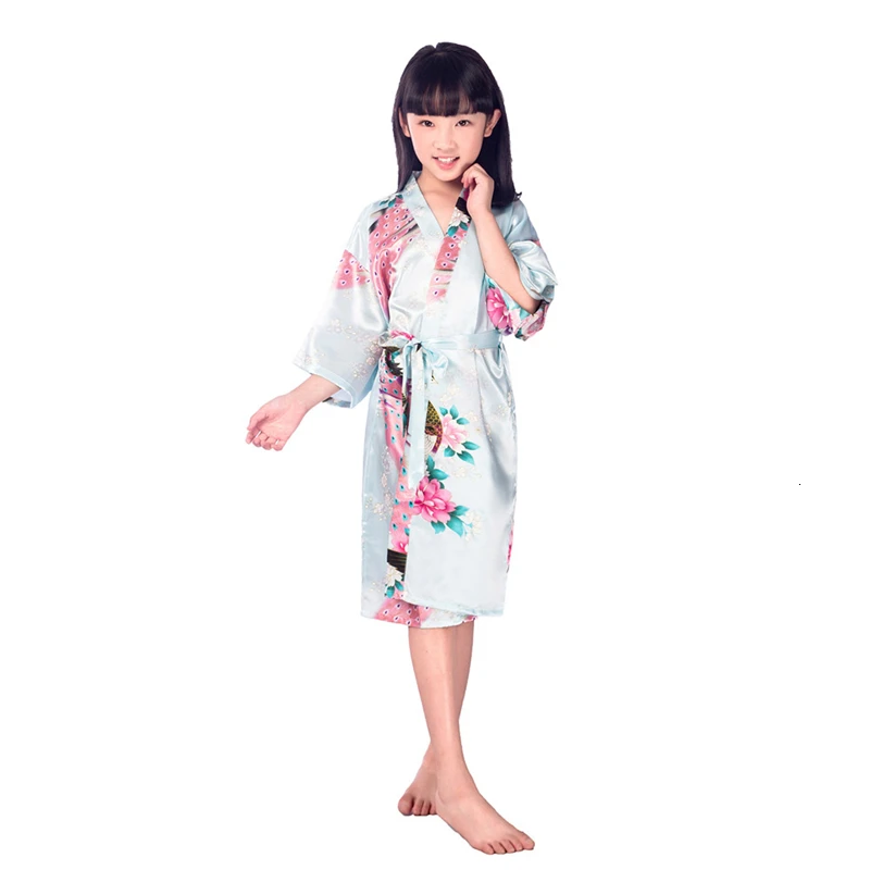 11 видов цветов, традиционное японское кимоно юката для девочек, костюмы, детские От 1 до 14 лет, летние тонкие пижамы из полиэстера для дома, рост 70-160 см - Цвет: Light blue