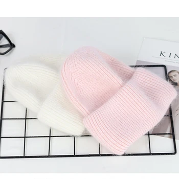 Unisex Solid Color Real Rabbit Fur Beanies Winter Hat For Woman Knit Bonnet Acrylic Woman Autumn Warm Skullies 5