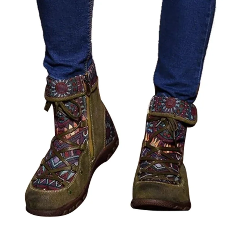 SHUJIN/; женские ботинки с вышивкой; сезон осень-зима; Boho; женские короткие ботинки с круглым носком; женские ботинки на шнуровке; повседневная обувь; Прямая поставка - Цвет: green