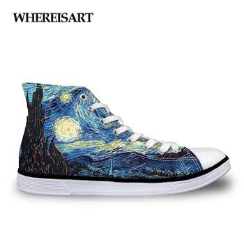 

WHEREISART Classic Women Vulcanized Shoes Fashion Hand Paint Art Design Starry Night High Top Canvas Shoes Female Galaxy Flats