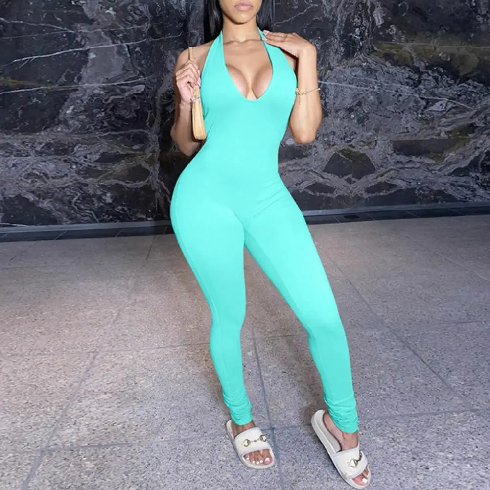 Summer Jumpsuit Women Sexy V-neck sleeveless Halter Backless Deep Skinny Jumpsuit Overalls Sportswear Gym Sport Woman 2021 women formal long romper sheer mesh slinky party jumpsuits 2021 fashion elegant long sleeve solid jumpsuit female playsuit pop