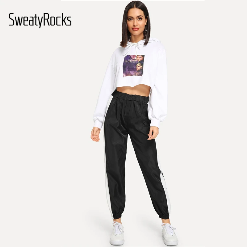 SweatyRocks контрастные ленты боковые брюки спортивная одежда для женщин Эластичный Талия черный брюки модные весенние повседневные длинные спортивные брюки