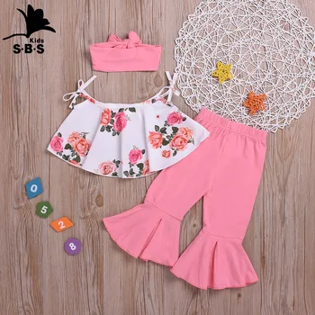 

2019 Summer New Coming Sling Top with Flower Printing and Pure Color Cotton Pants and Free Hairband Set 3 Piece Casual Set