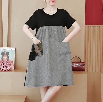 

Plus Size Empire Waist Patchwork Dress Women 2020 Summer Casual Loose Short Sleeve Pockets Oversized Femme Streetwear Midi Dress
