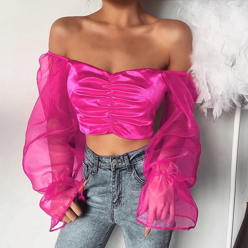 Женская атласная рубашка топы весна уличная одежда вырез лодочкой прозрачная