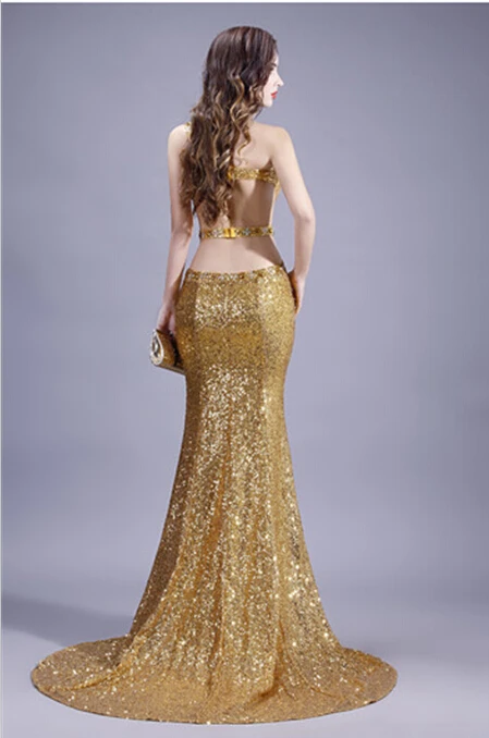 Сексуальная Открытая спина vestido de festa золото блестками Русалка вечернее платье на одно плечо Кристалл