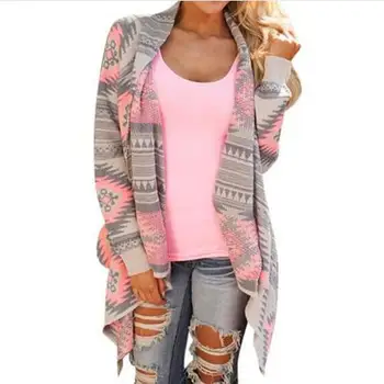 

Cardigans Women Irregular Geometric Printed Cardigan Open Front Loose Sweaters Jumper Outwear Jackets Coat Tops