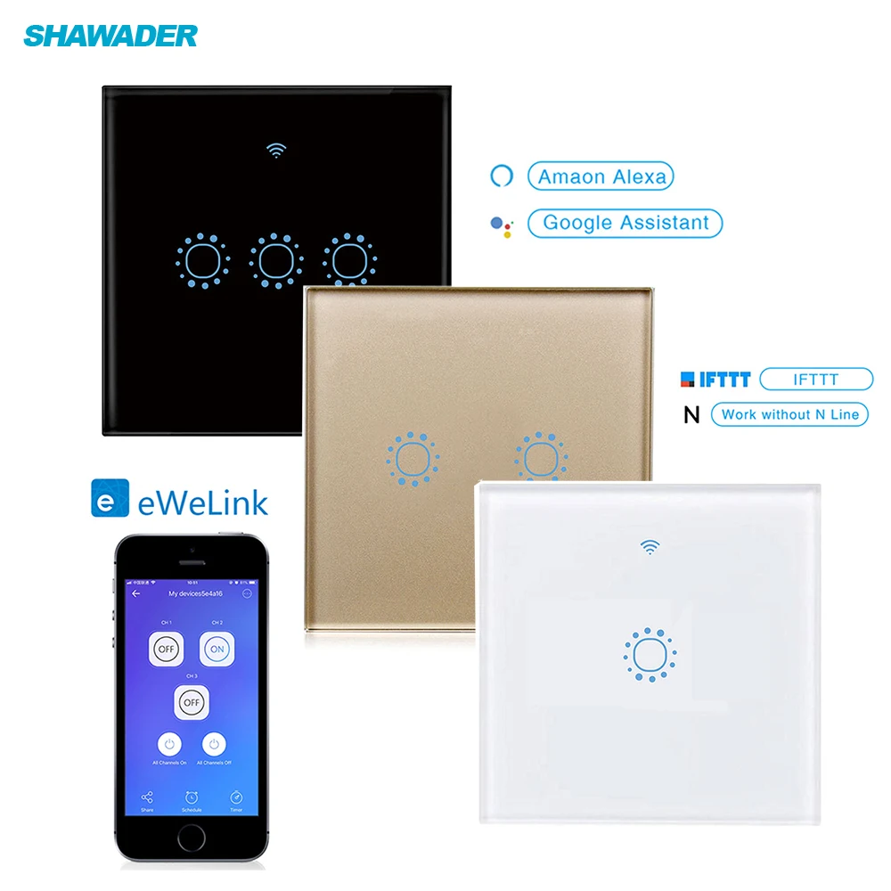 

Smart WiFi Electrical Wall Light Switches Touch Screen Panel Wireless Remote Voice Control 1/2/3 Gang work for Alexa Google Home