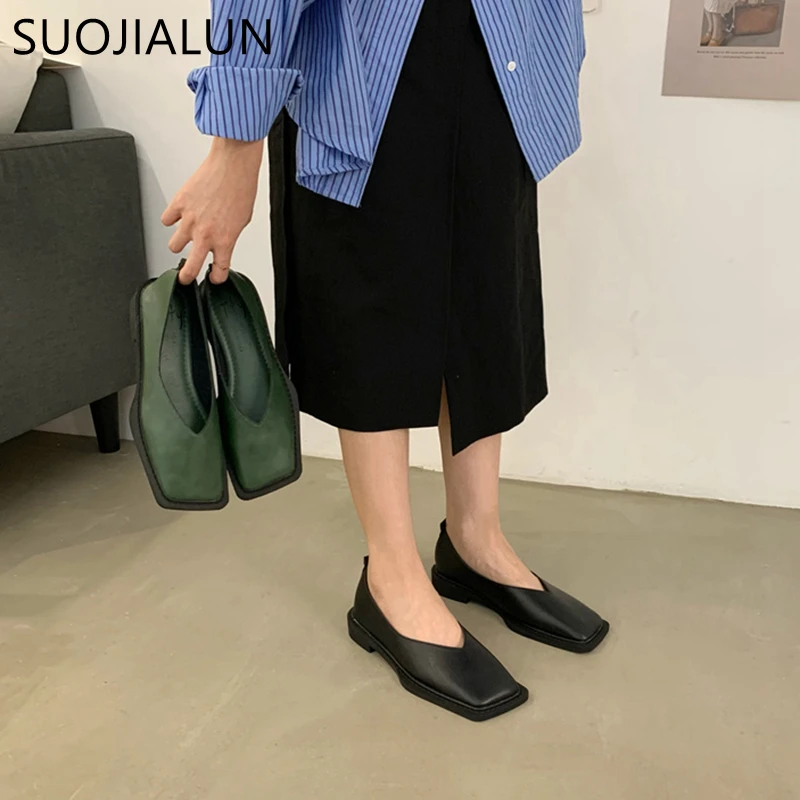 Women Flats SUOJIALUN Spring New Flat Shoes Square Toe Shallow Mouth Slip on Loafers Ladies Casual Shoes