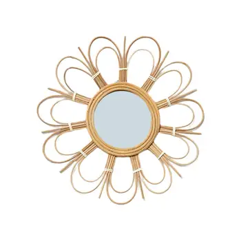 

Dressing Flower Mirror Literary Retro Rattan Art Deco Round Makeup Mirror for Living Room Wall Kitchen Bathroom Decoration