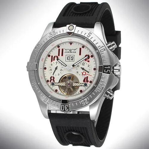 JARAGAR Fashion trend men's machanical watch calendar fake three-eye innovative hollow design rubber strap | Наручные часы