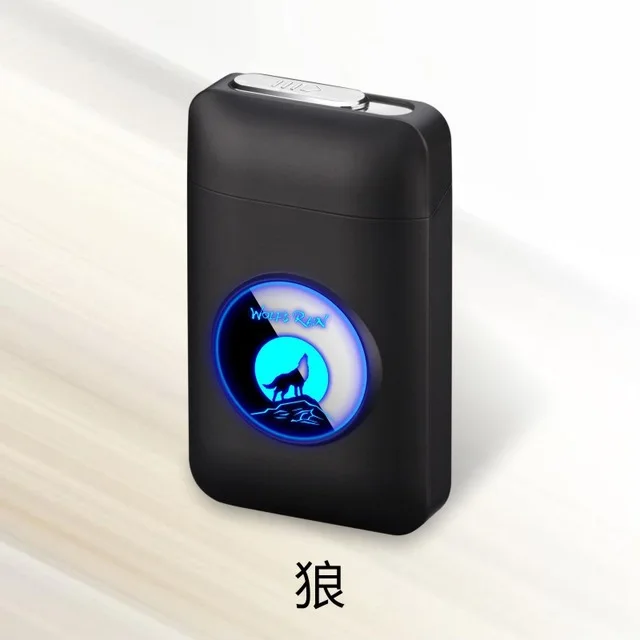 Wolve Чехол для сигарет с металлической емкостью, электронная USB Зажигалка, 19 шт., держатель для сигарет, электрическая плазменная дуговая зажигалка, мужские подарки - Цвет: Wolve