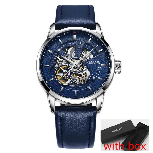 silver blue box OUBAOER Роскошные автоматические механические часы кожаные деловые часы оригинальные мужские часы Лидирующий бренд часы мужские Relojes Masculino - Цвет: silver blue box