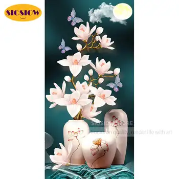 

SIOSIOW 5d Diy Diamond Painting Pink Magnolia Flower In Vase Full Set Rhinestone Diamond Embroidery Flowers Pattern Sticker Sale
