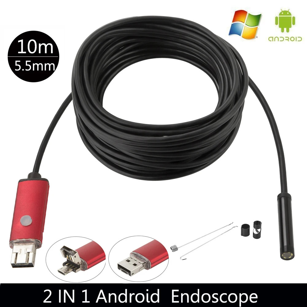 

High quality 5.5MM USB endoscope Android camera 1/2/5/10m flexible snake tube detection SmartPhone OTG endoscope camera 6LED