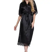 Шелковый Атласный халат с кружевными рукавами и цветочным принтом кимоно Ночной халат для ванной Халат модные, по щиколотку, домашний халат для Для женщин