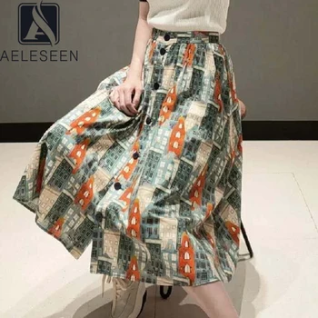 

AELESEEN Runway Fashion Cotton Skirt Women Autumn New Building Print Colorful Red House Single-breasted Party Holiday Skirt