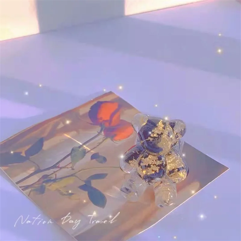 Cartoon Cute Gold Color Foil Transparent Bear Resin Rings Geometric Acrylic Square Ring For Women Girls Party Jewelry Gift gold color rings gold color ring finger ring animal ring