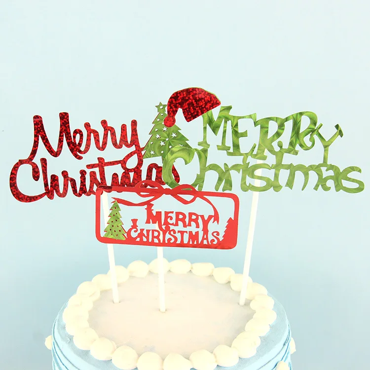 Merry Christmas Cake Topper Tree Santa Claus Cake Toppers Glitter Kids Happy Birthday Weeding Cake Flag New Year Party DIY Decor