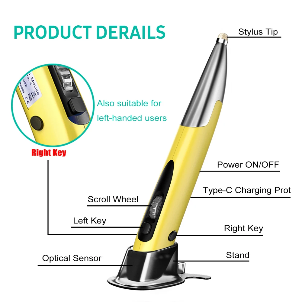 2.4GHz Optical Pen Mouse Left & Right Hands Rechargeable Wireless Optical Pocket Pen Mouse Wireless Dual Right Keys