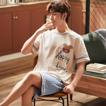 

2020 spring and summer thin men's short-sleeved shorts pajamas men's cartoon new combed cotton pajamas home service suit