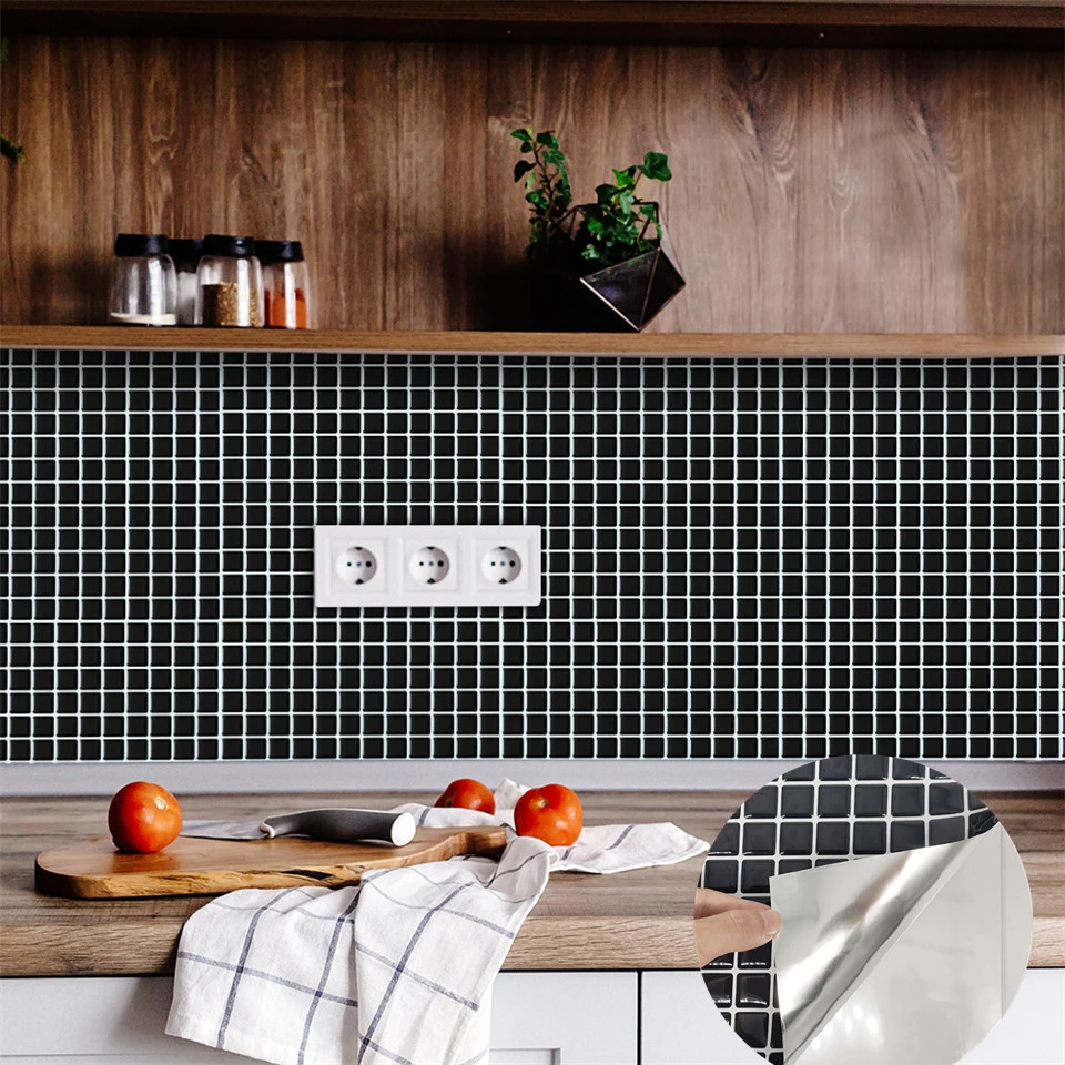3d Black Mosaic Wall Sticker Kitchen Backsplash Waterproof Self Adhesive Wallpaper Home Bathroom Decorative Tile Brick Diy Decal Wall Stickers Aliexpress