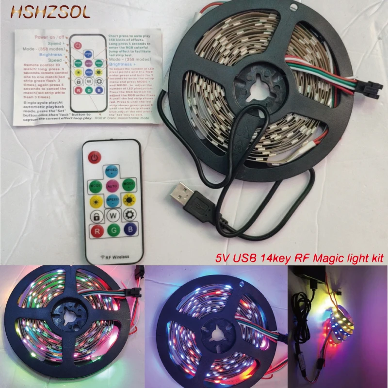 

Светодиодная лента WS2812 RGB SMD5050 с дистанционным управлением, многоцветная светодиодная лента с беспроводным управлением, USB, 5 В, 14 клавиш, разные цвета