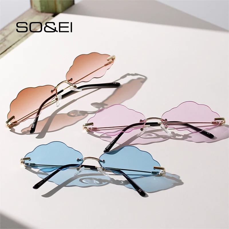 

SO&EI Vintage Rimless Cloud Shape Women Sunglasses Clear Candy Colors Lens Eyewear Unique Female Luxury Sun Glasses Shades UV400