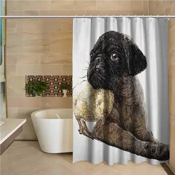 

Pug Waterproof and Colorful Shower Curtain Realistic Drawing of a Dog and a Small Chicken Snuggling Together Tenderness Love